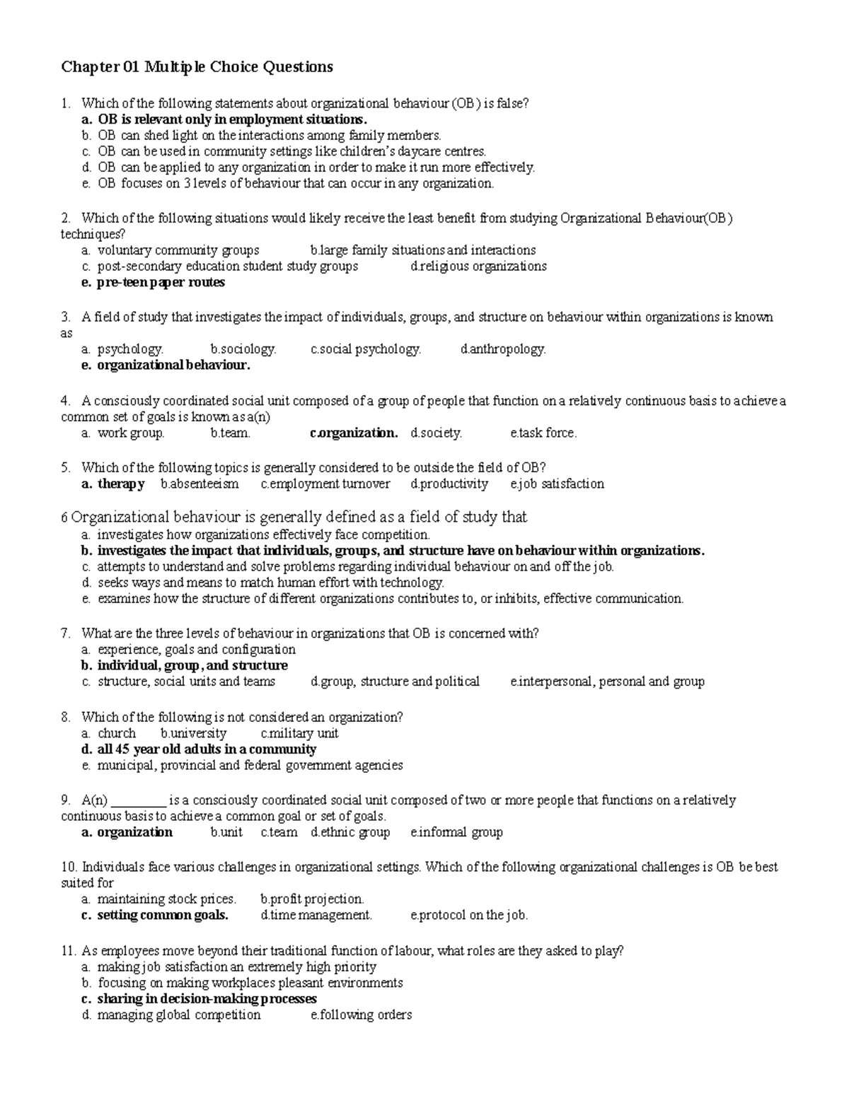 Quiz - Organizational Behaviour - Chapter 01 Multiple Choice Questions ...