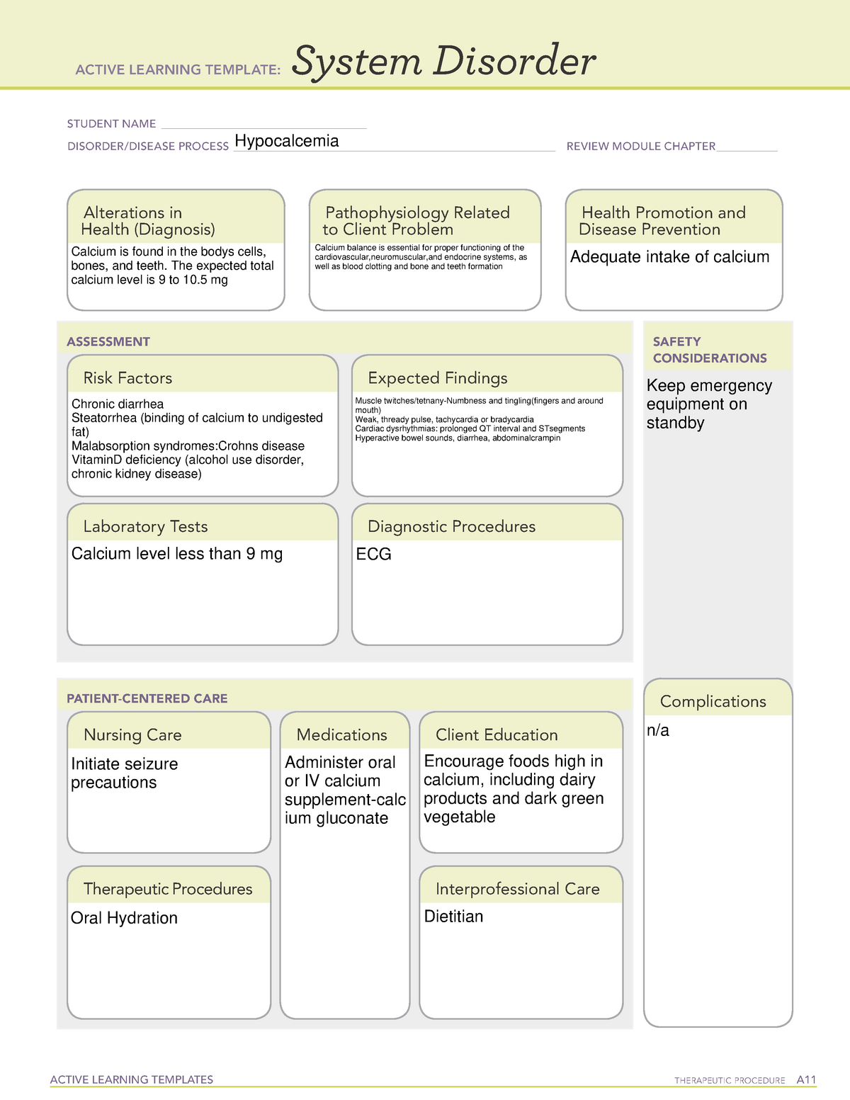 Remediation (Hypocalcemia) ACTIVE LEARNING TEMPLATES THERAPEUTIC