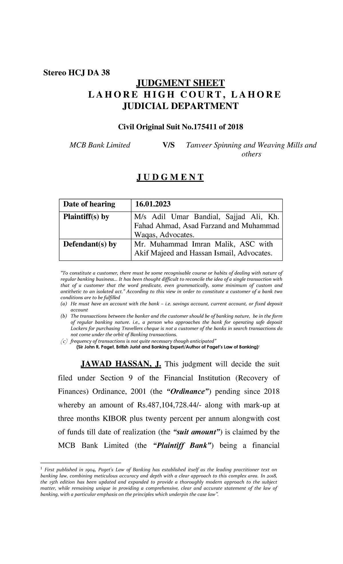 262 1689255600 - judgement order - Stereo HCJ DA 38 JUDGMENT SHEET L A ...