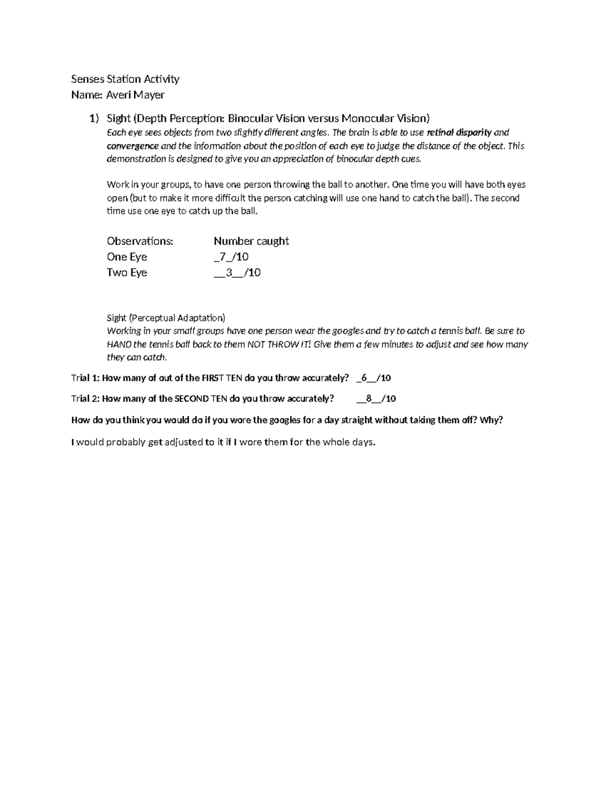 Sight Senses Station Activity - Senses Station Activity Name: Averi ...