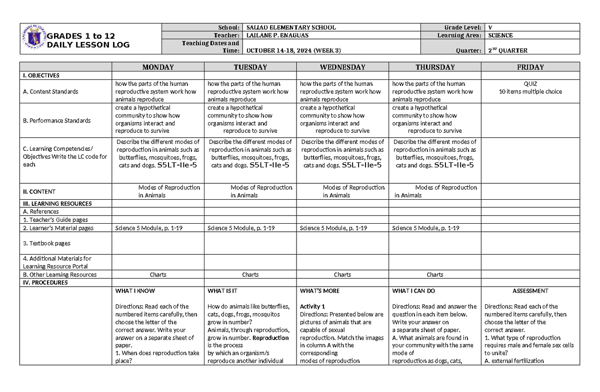 DLL Science 5 Q2 W3 - Daily Lesson Log - GRADES 1 to 12 DAILY LESSON ...