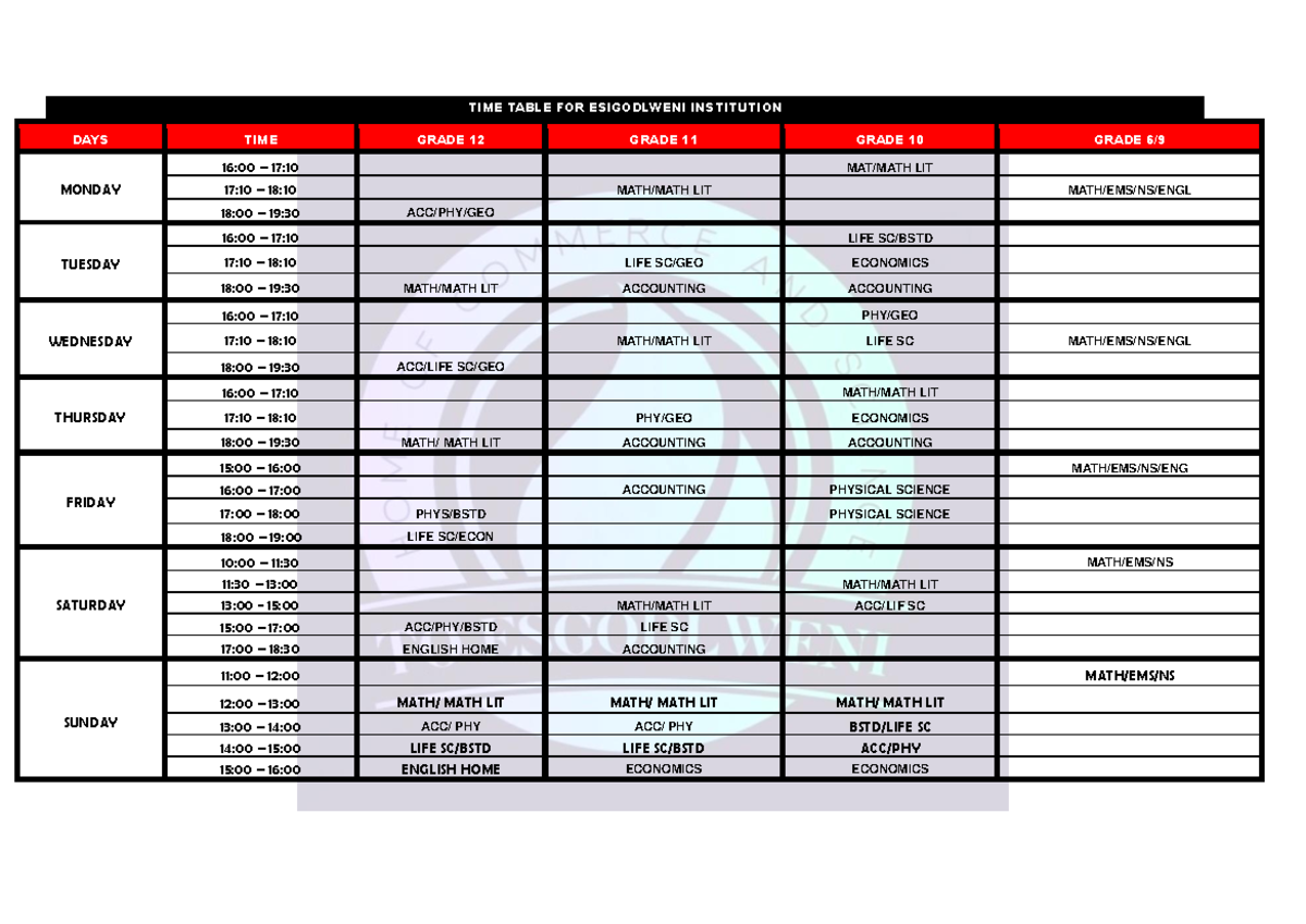 Update FOR Timetable 090653 - TIME TABLE FOR ESIGODLWENI INSTITUTION ...