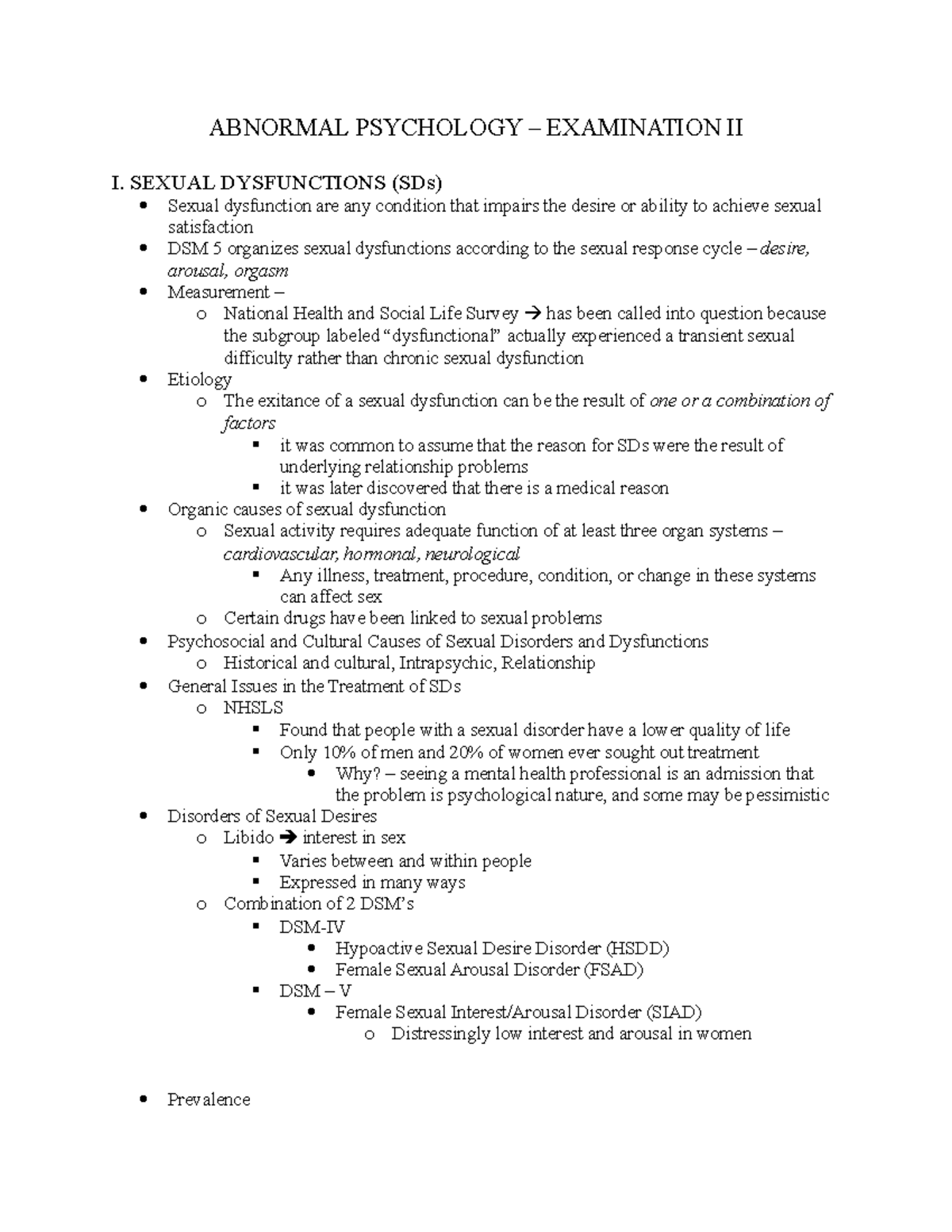 Exam 2 Study Guide - ABNORMAL PSYCHOLOGY – EXAMINATION II I. SEXUAL ...