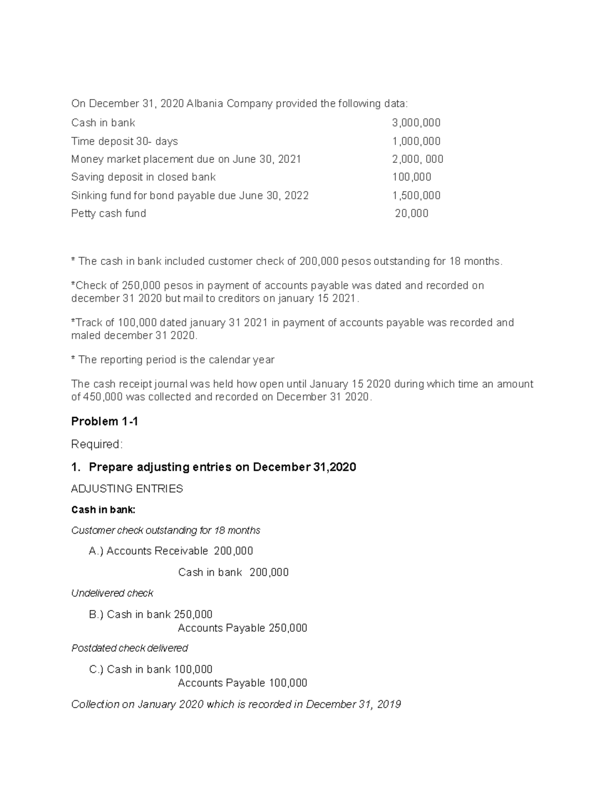 CASH AND CASH Equivalents - On December 31, 2020 Albania Company