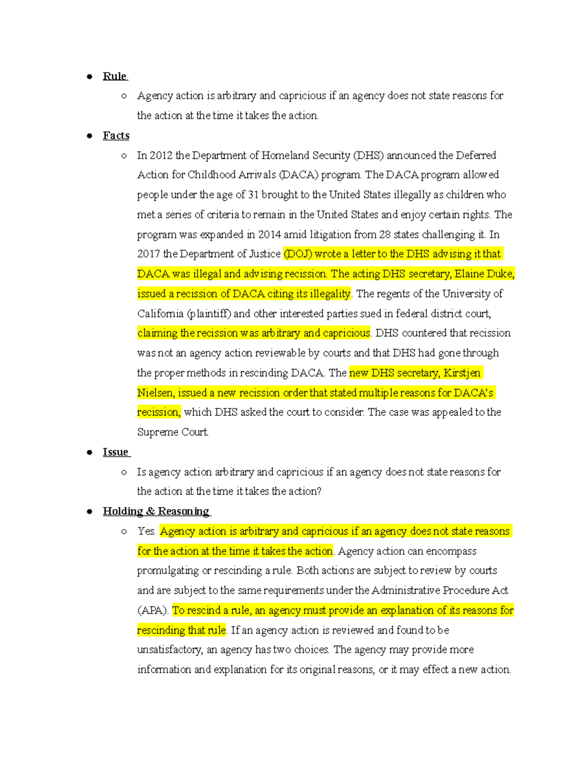 Admin Law DHS v. Regents Rule Agency action is arbitrary and