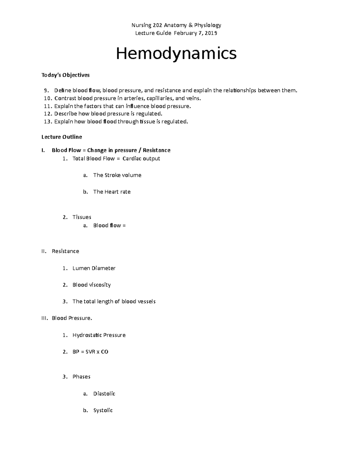 Hemodynamics - Notes - Nursing 202 Anatomy & PhysiologyLecture Guide ...