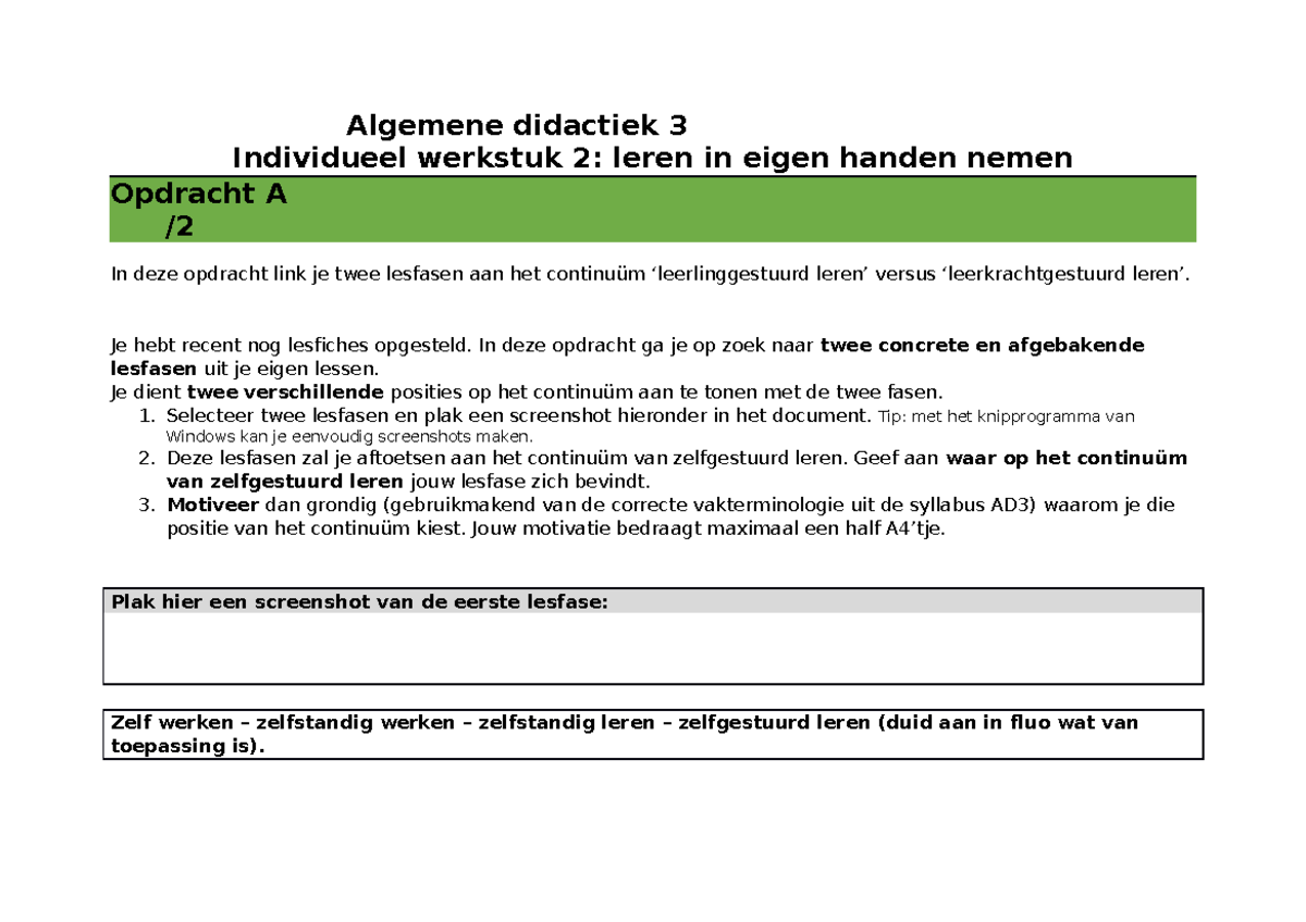 Sjabloon Opdracht A En B Werkstuk 2 AD3 2223 - Algemene Didactiek 3 ...