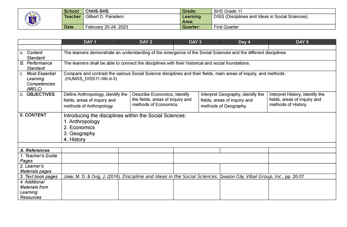 DISS DLL FEB 20 - 24 - Ffhghgfgfhfjhj - School CNHS-SHS Grade: SHS ...