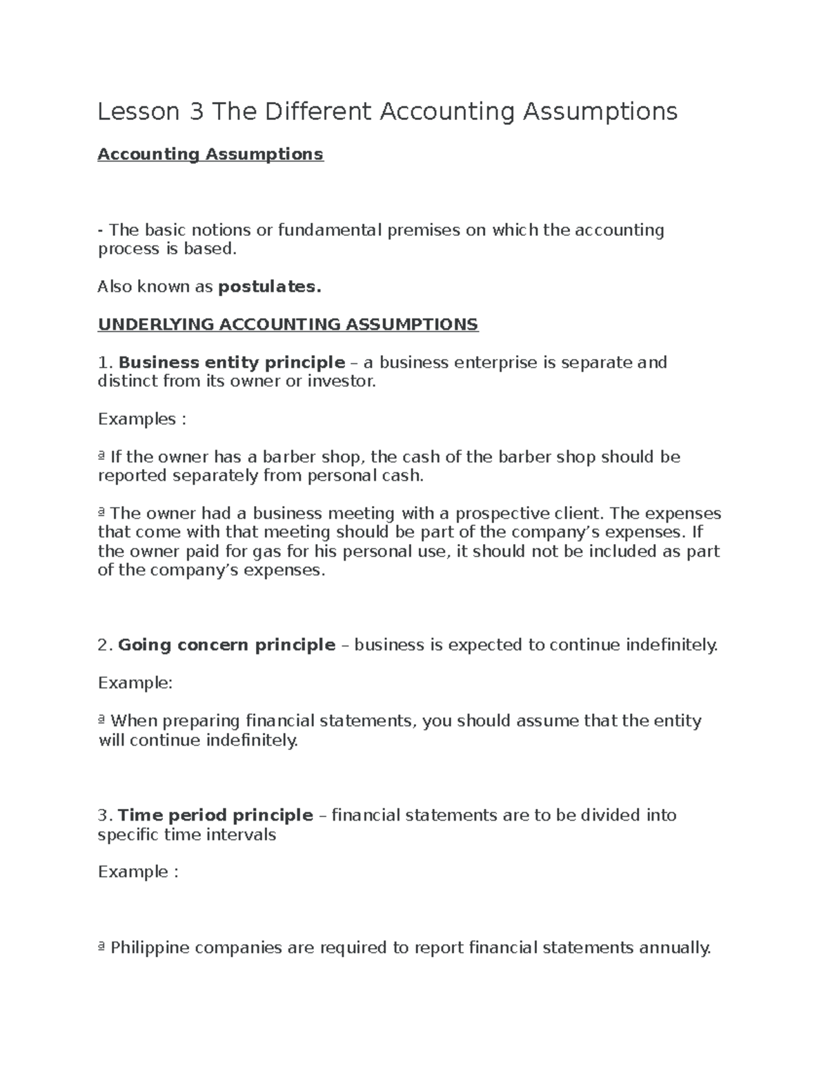 Lesson 3 The Different Accounting Assumptions Lesson 3 The Different