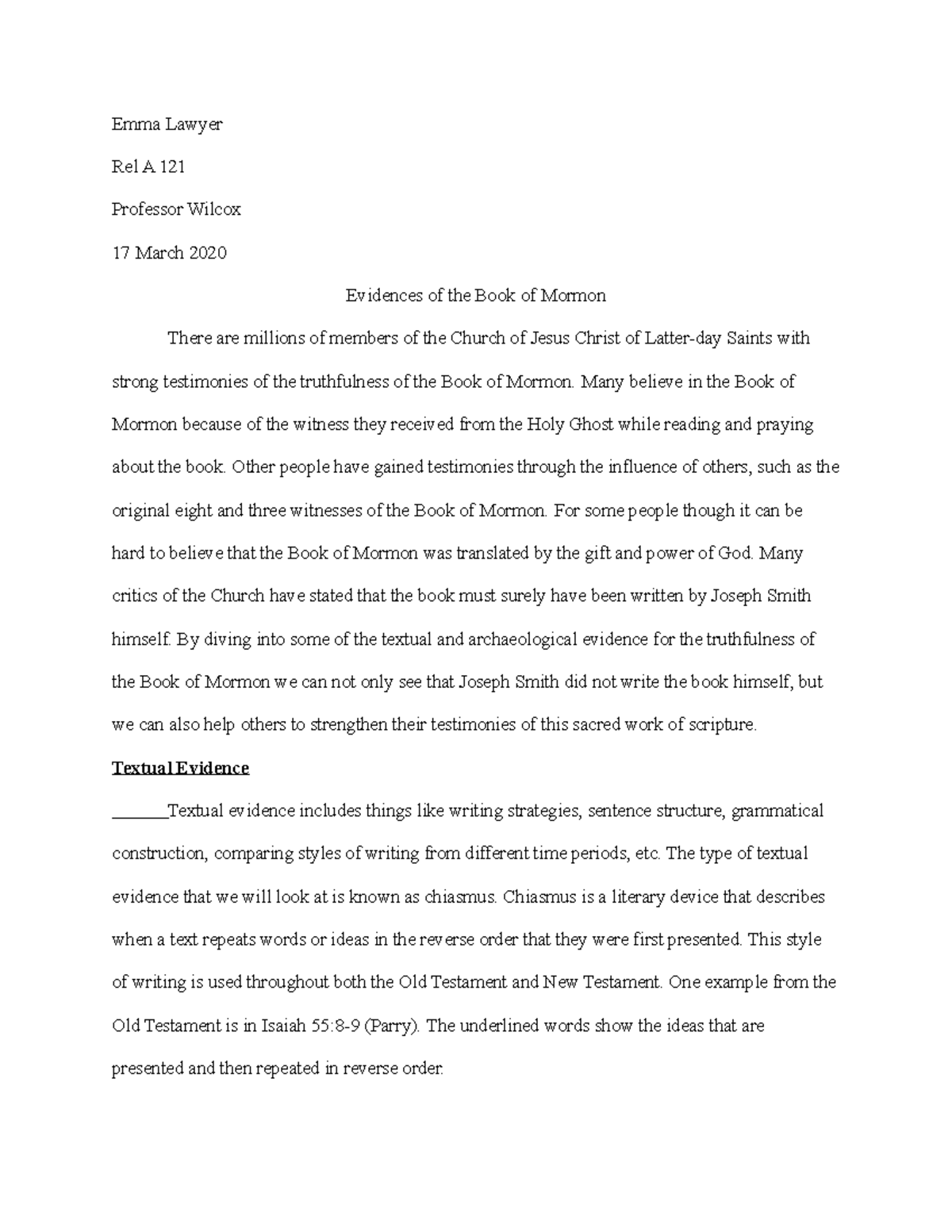 Evidence Paper - Grade: B - Emma Lawyer Rel A 121 Professor Wilcox 17 ...