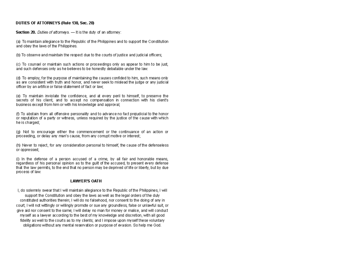 LegalEthics CPR DUTIES OF ATTORNEYS (Rule 138, Sec. 20) Section 20