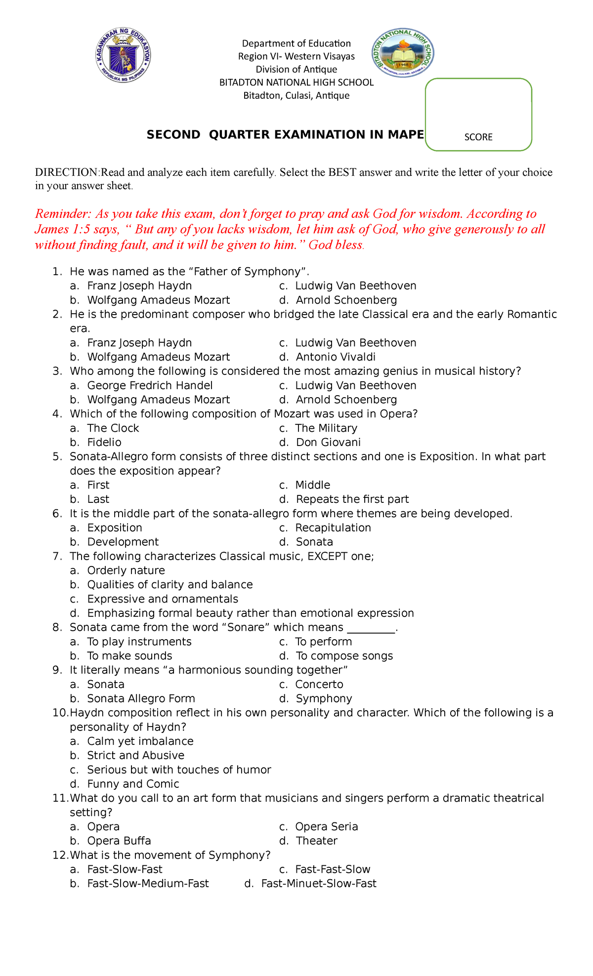 Exam Mapeh 9 No Answer Key - Department Of Education Region VI- Western ...