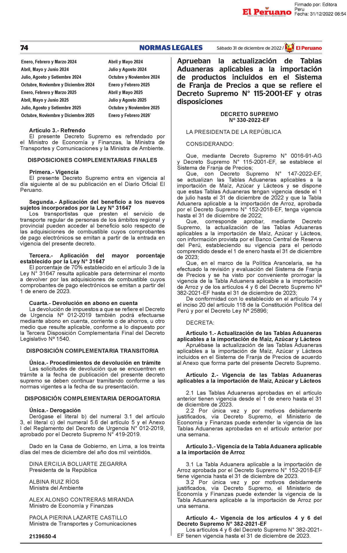 Ds 330 2022 Ef Documentos Aduaneros 74 Normas Legales Sábado 31 De Diciembre De 2022 El 0903