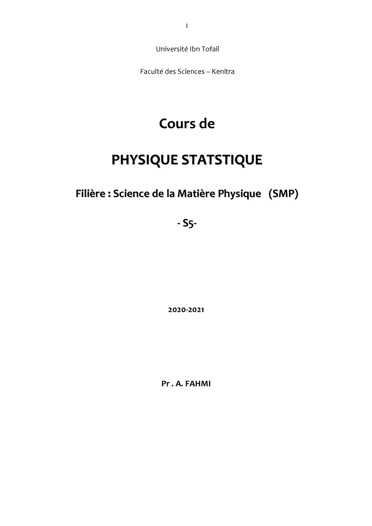 Cha1 Physique Statistique - Université Ibn Tofail Faculté Des Sciences ...