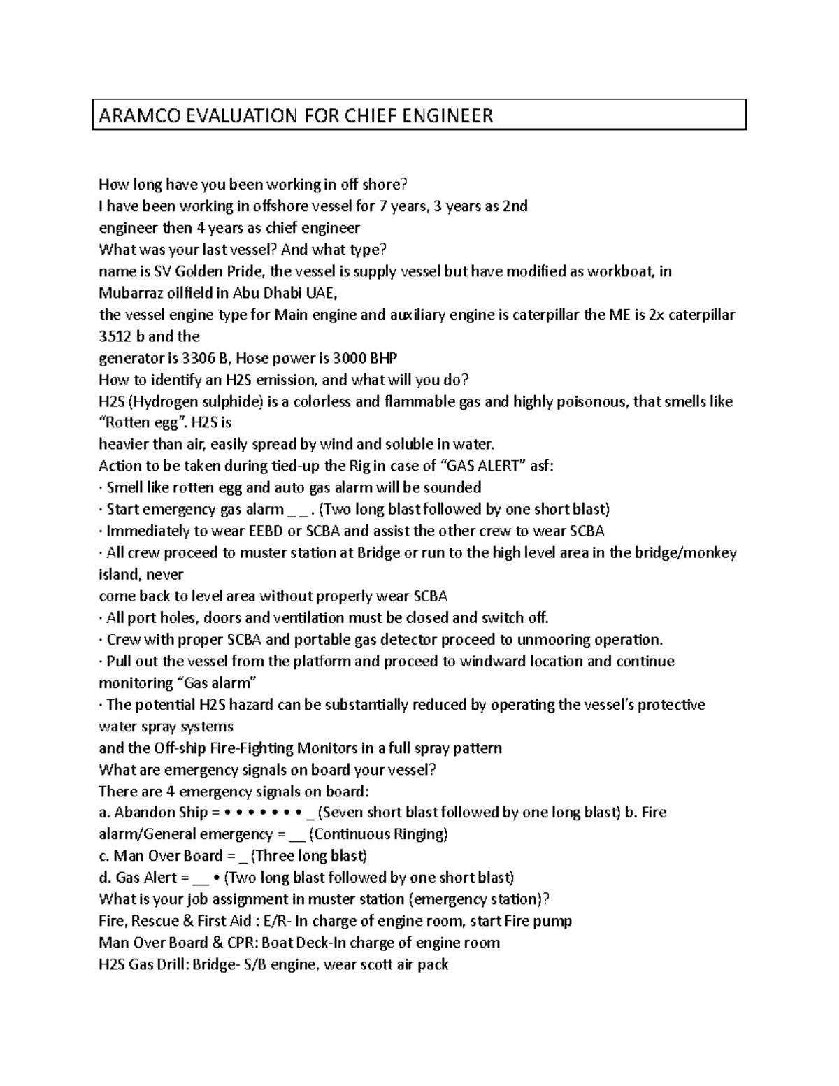 Aramco Evalution FOR Chief Engineer ARAMCO EVALUATION FOR CHIEF