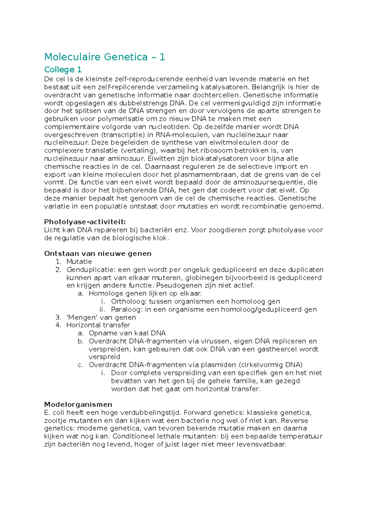 MG-1 Compleet Document - Moleculaire Genetica 1 College 1 De Cel Is De ...