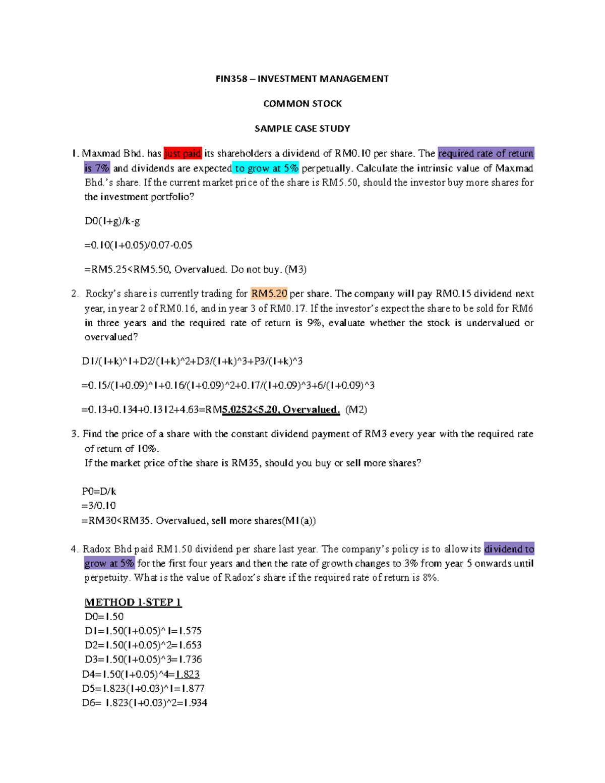 Common Stock Sample CASE Study FIN358 INVESTMENT MANAGEMENT COMMON