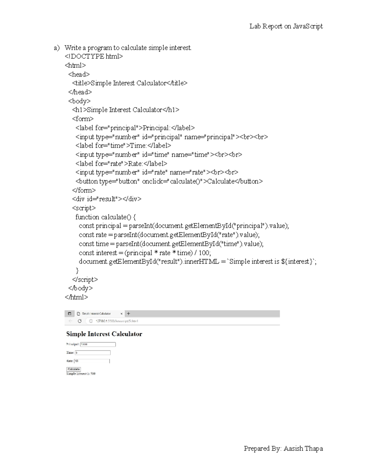 JS Lab 1 - Notes - a) Write a program to calculate simple interest ...