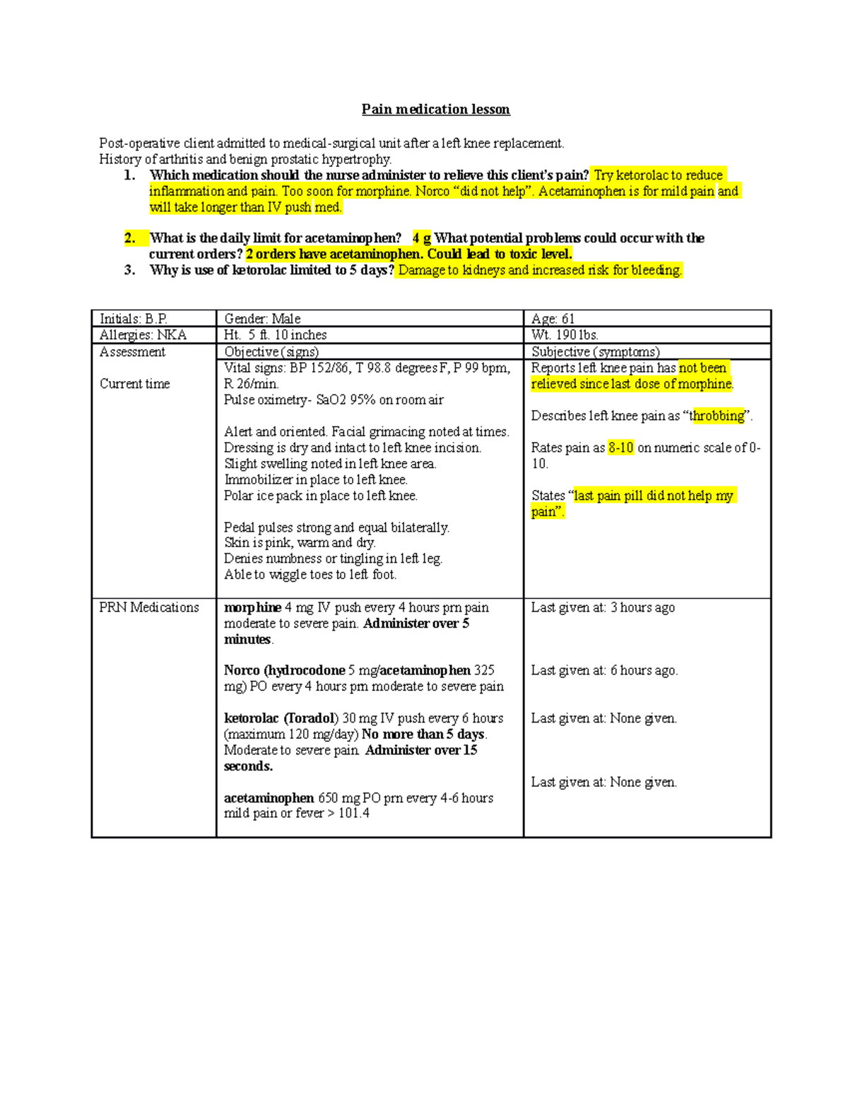 Opioid assignment - Pain medication lesson Post-operative client ...