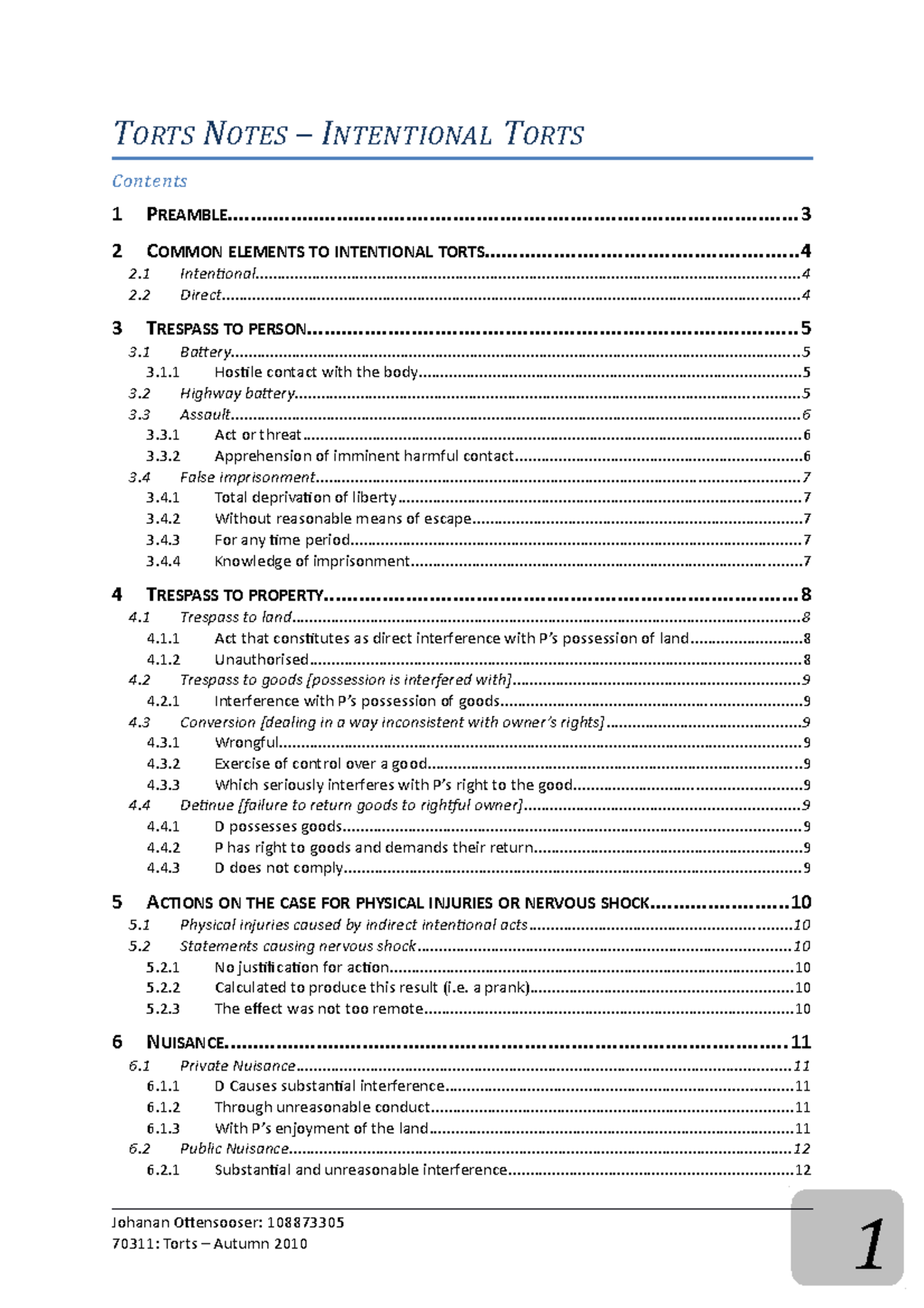 Intentional Torts - Lecture notes 1 - TORTS NOTES – INTENTIONAL TORTS ...