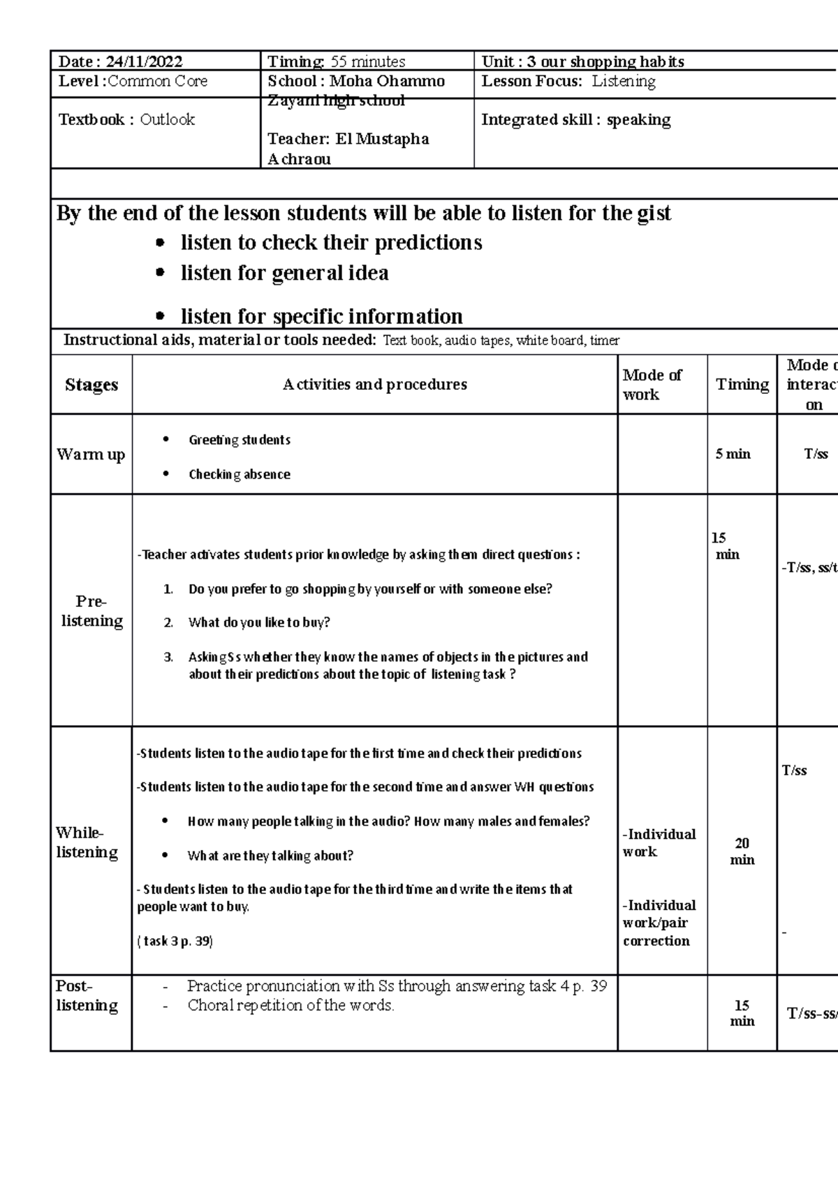 CCS2 listening lesson Unit 3 - Date : 24/11/ Level :Common Core ...