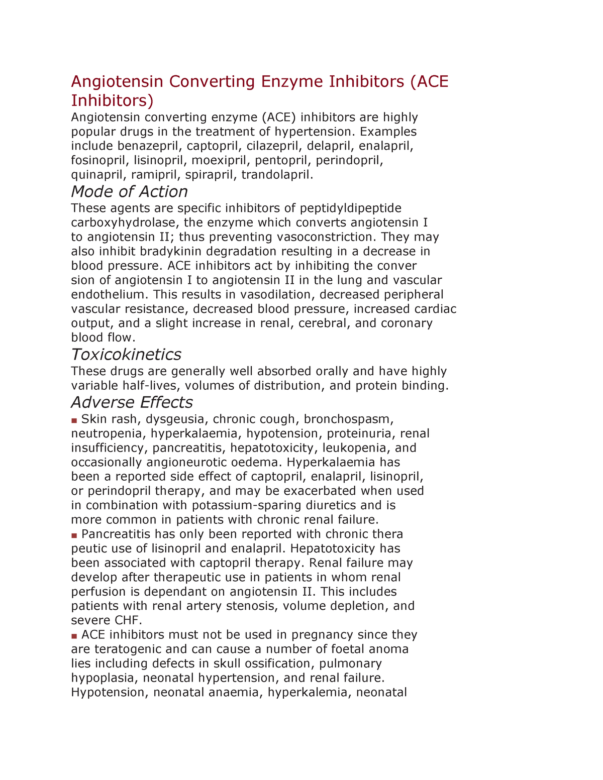 Angiotensin Converting Enzyme Inhibitors Examples