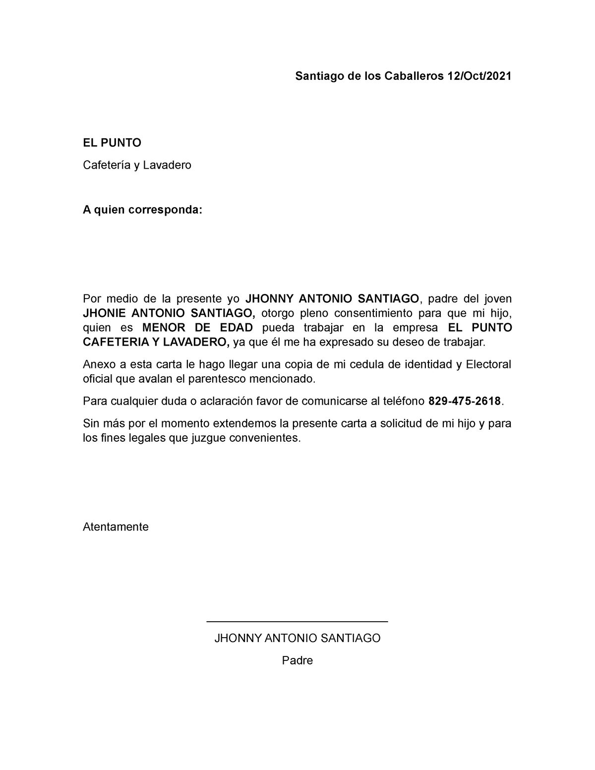Carta permiso de trabajo - Santiago de los Caballeros 12/Oct/ EL PUNTO ...