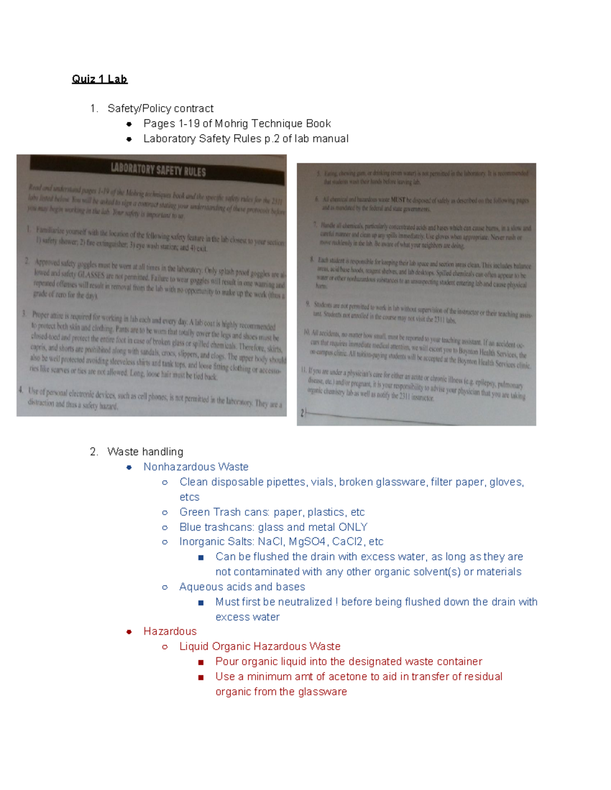 Quiz 1 Study Guide - Summary Organic Lab - Quiz 1 Lab Safety/Policy ...