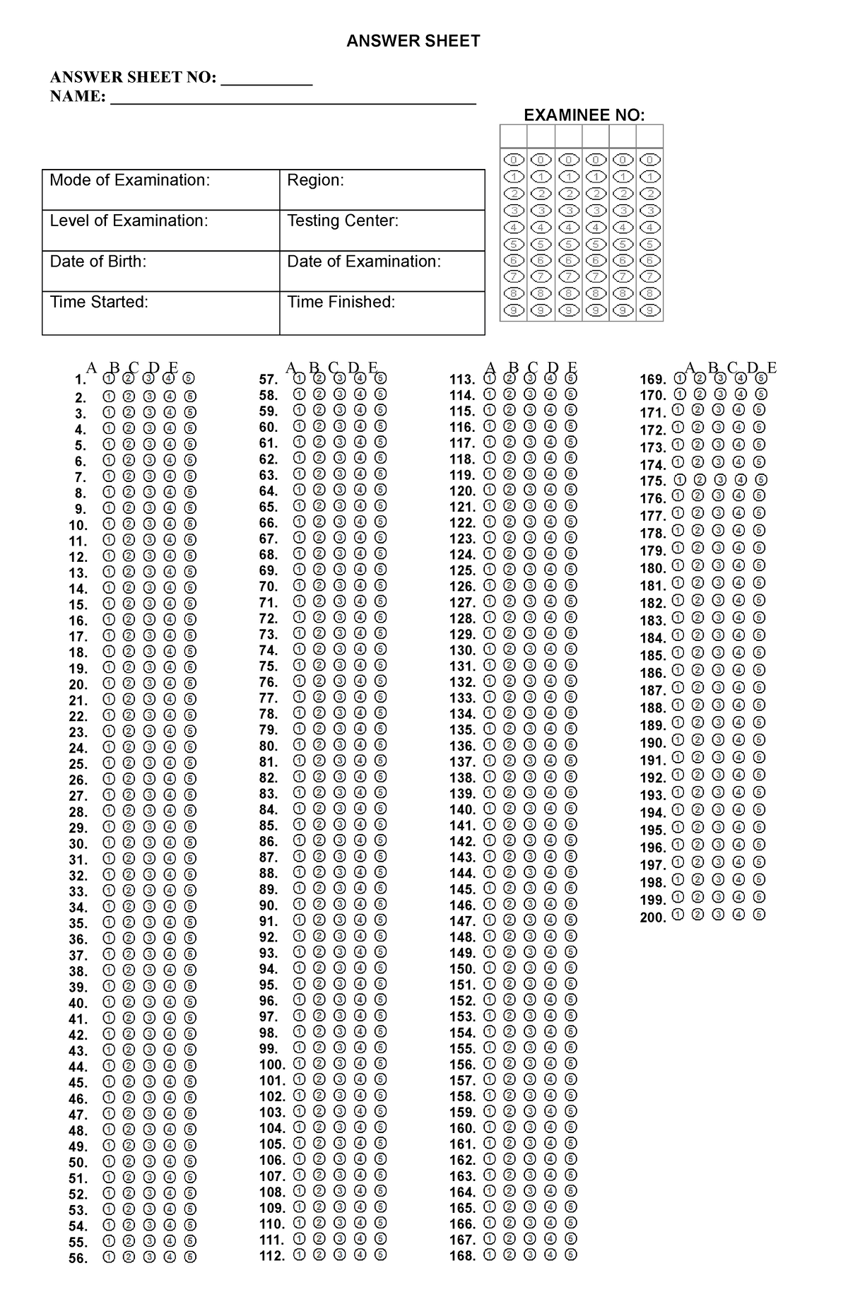 Answer Sheet for Civil Service Examination - ANSWER SHEET ANSWER SHEET ...