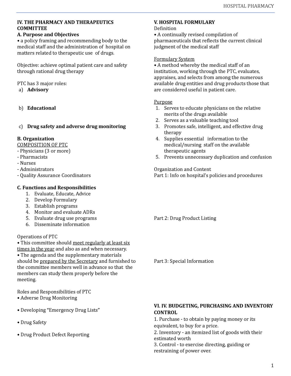 Week 2 Handout - HOSPITAL PHARMACY 1 IV. THE PHARMACY AND THERAPEUTICS ...