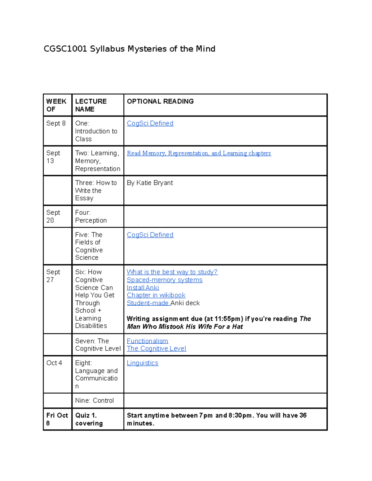 CGSC 1001 Outline 2021 - CGSC1001 Syllabus Mysteries of the Mind WEEK ...