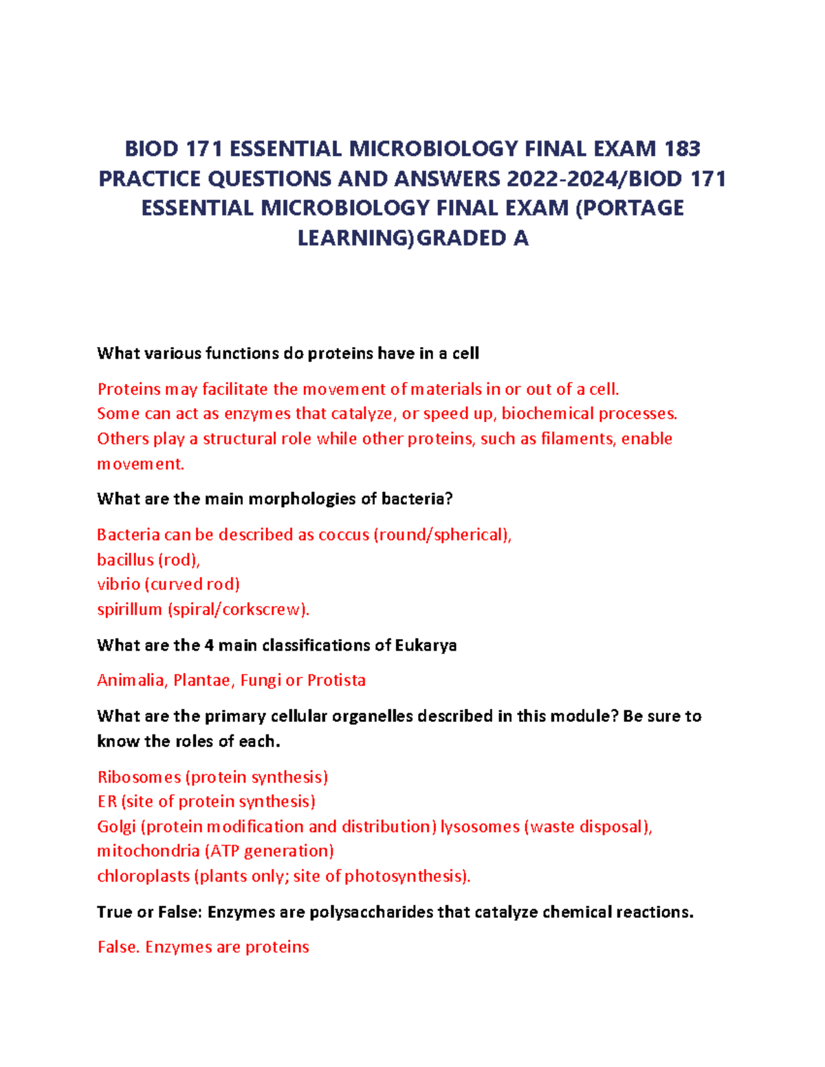 BIOD 171 Essential Microbiology Final EXAM 183 Practice Questions AND ...