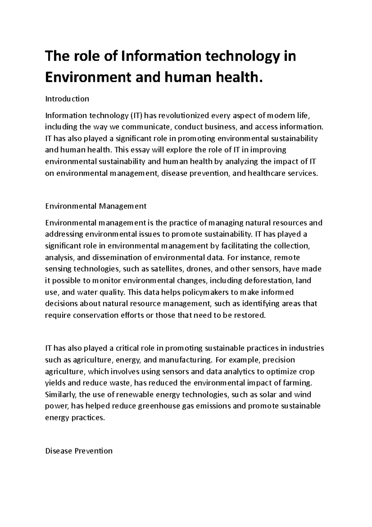 role of information technology in environment and human health essay