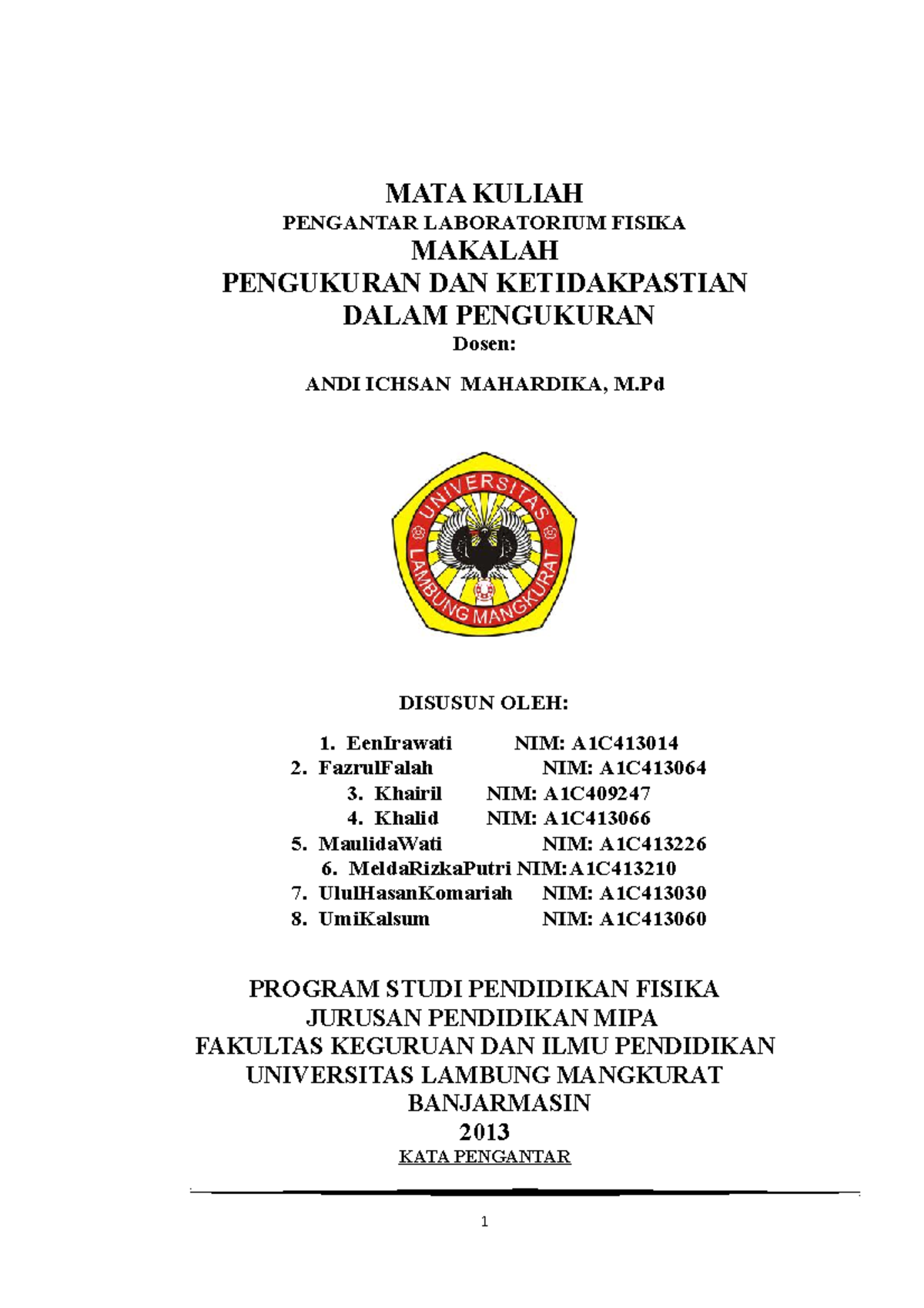 Makalah Pengukuran Dan Ketidakpastian - MATA KULIAH PENGANTAR ...