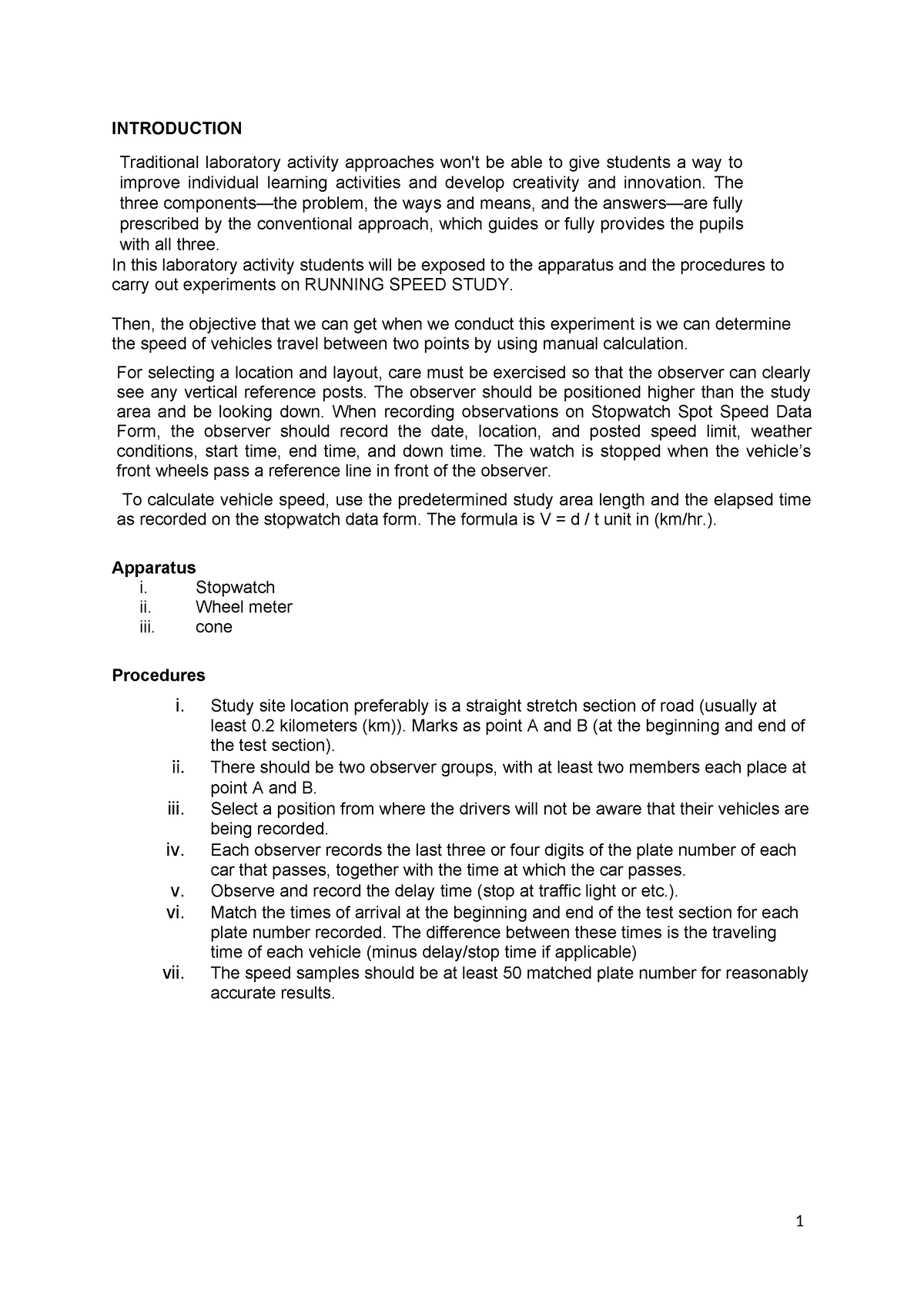 RUNNING SPEED LAB REPORT - INTRODUCTION Traditional laboratory activity ...