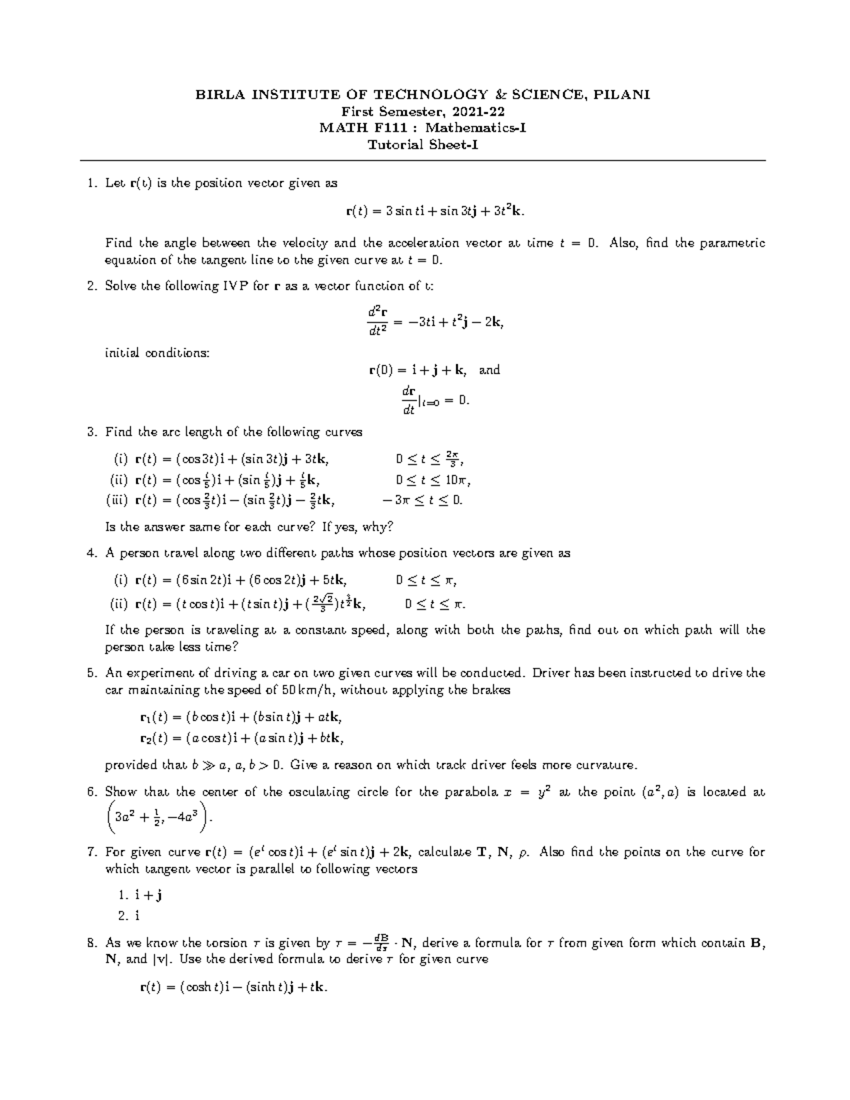 Tut Sheet-1 - Tut Sheet - BIRLA INSTITUTE OF TECHNOLOGY & SCIENCE ...