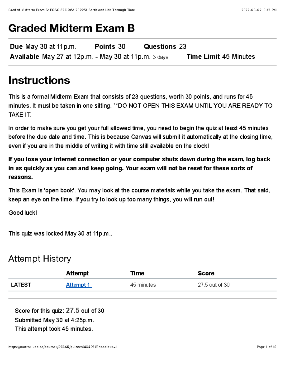 Graded Midterm Exam B: EOSC 326 98A 2022S1 Earth And Life Through Time ...