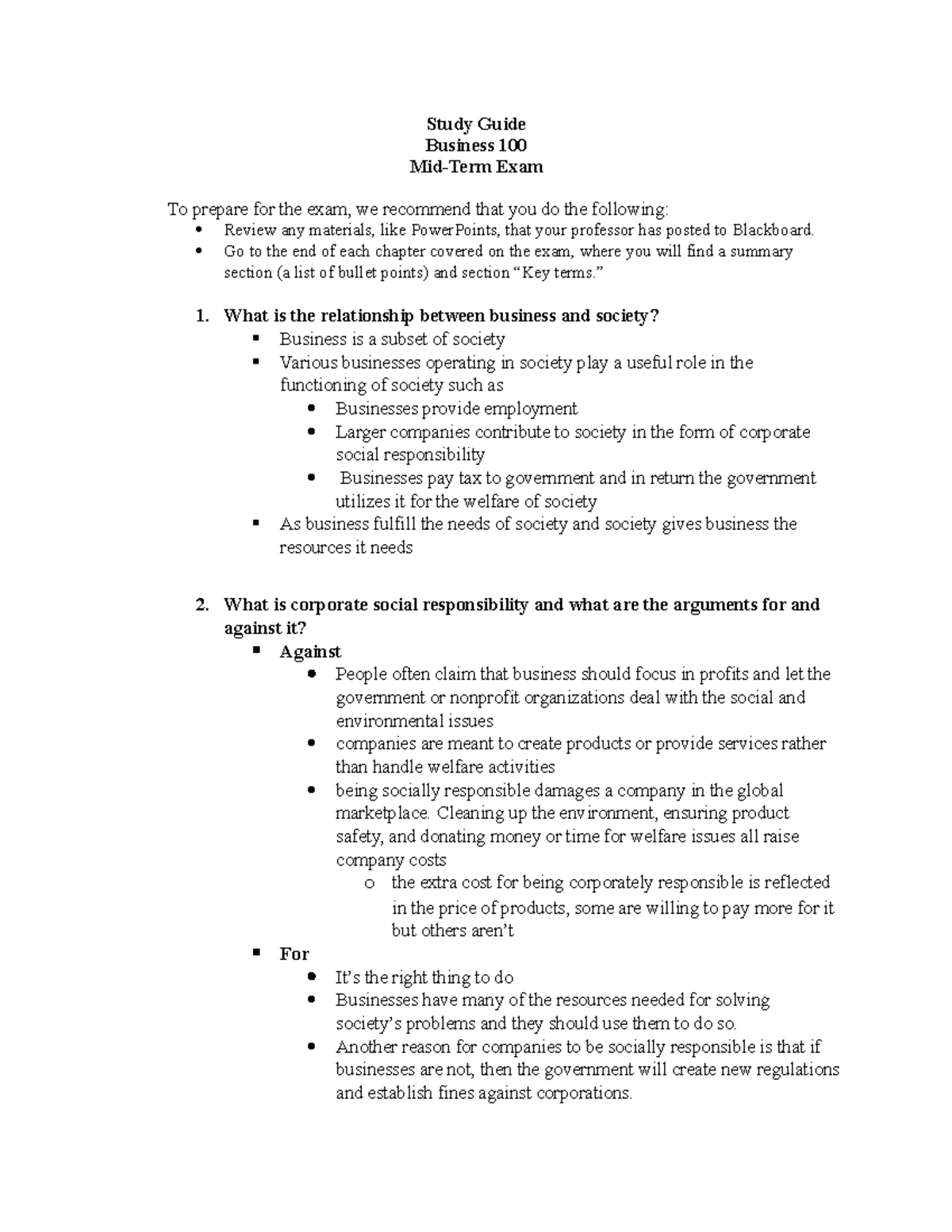 Bus 100 Mid Term Study Guide - Study Guide Business 100 Mid-Term Exam ...