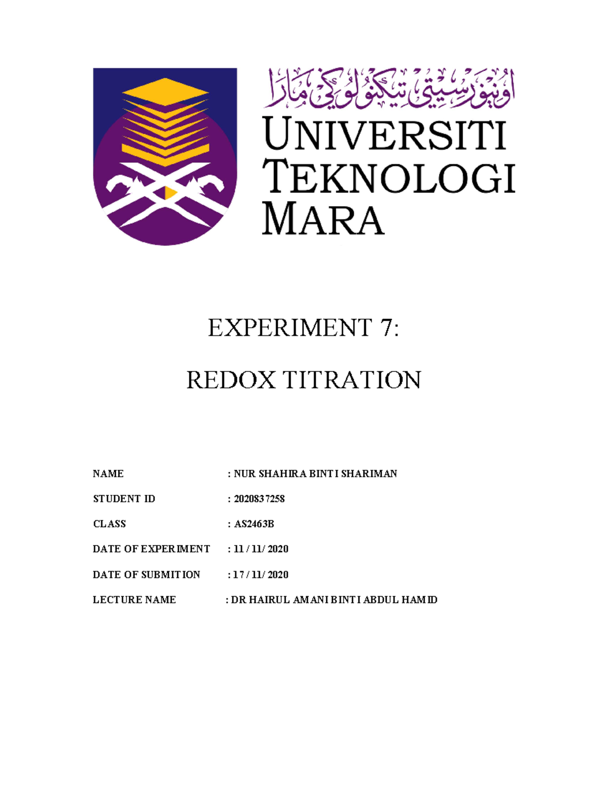 experiment-7-redox-titration-ex-periment-7-redox-titration-name