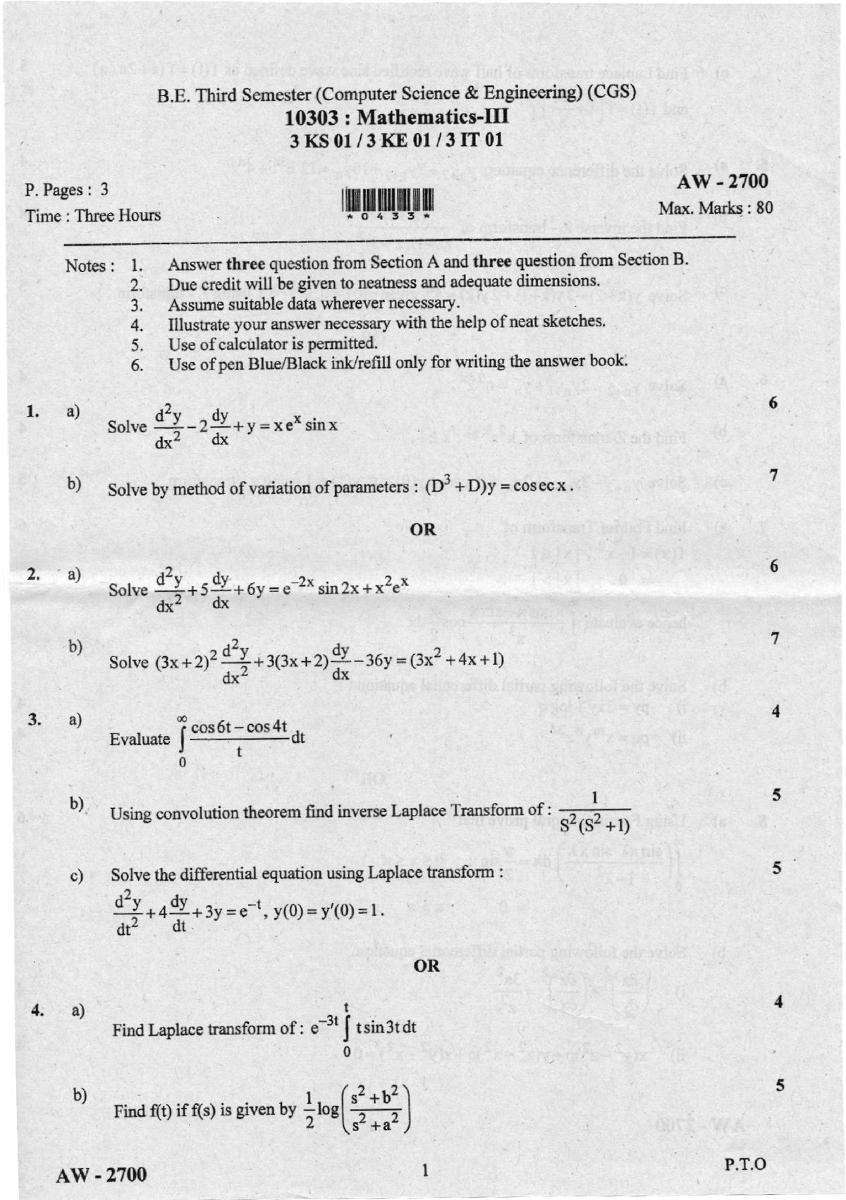 W19 Mathematics-III - W19 Mathematics-III - P. Pages : 3 Time : Thrpe ...