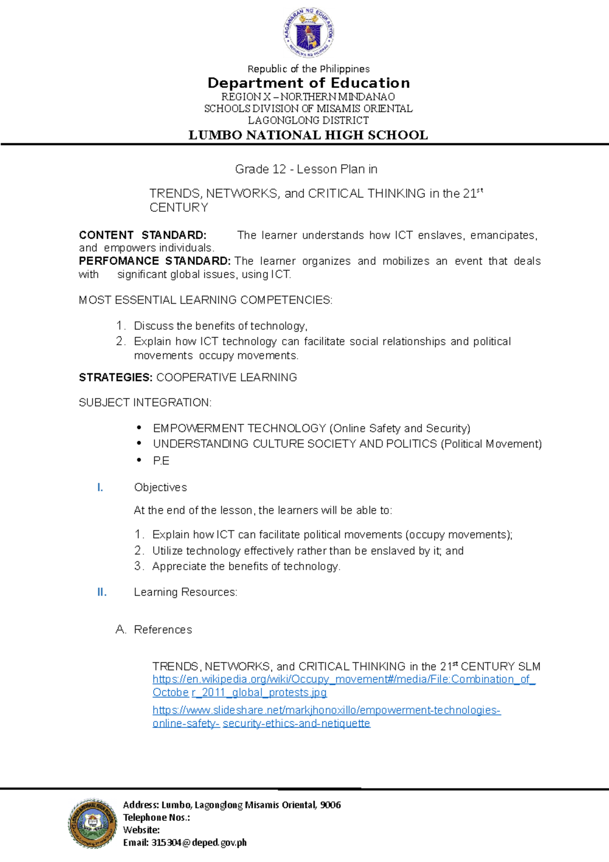 Lesson plan for COT1 - Sample - Republic of the Philippines Department ...