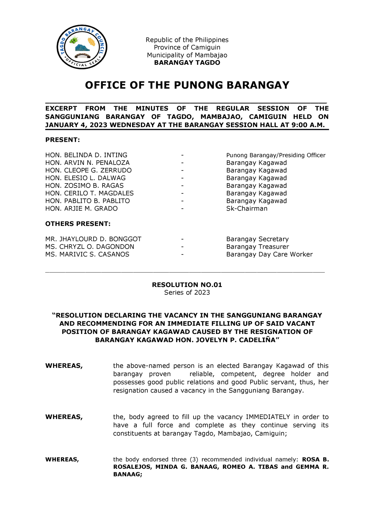 Barangay Resolution for New Kagawad Republic of the Philippines