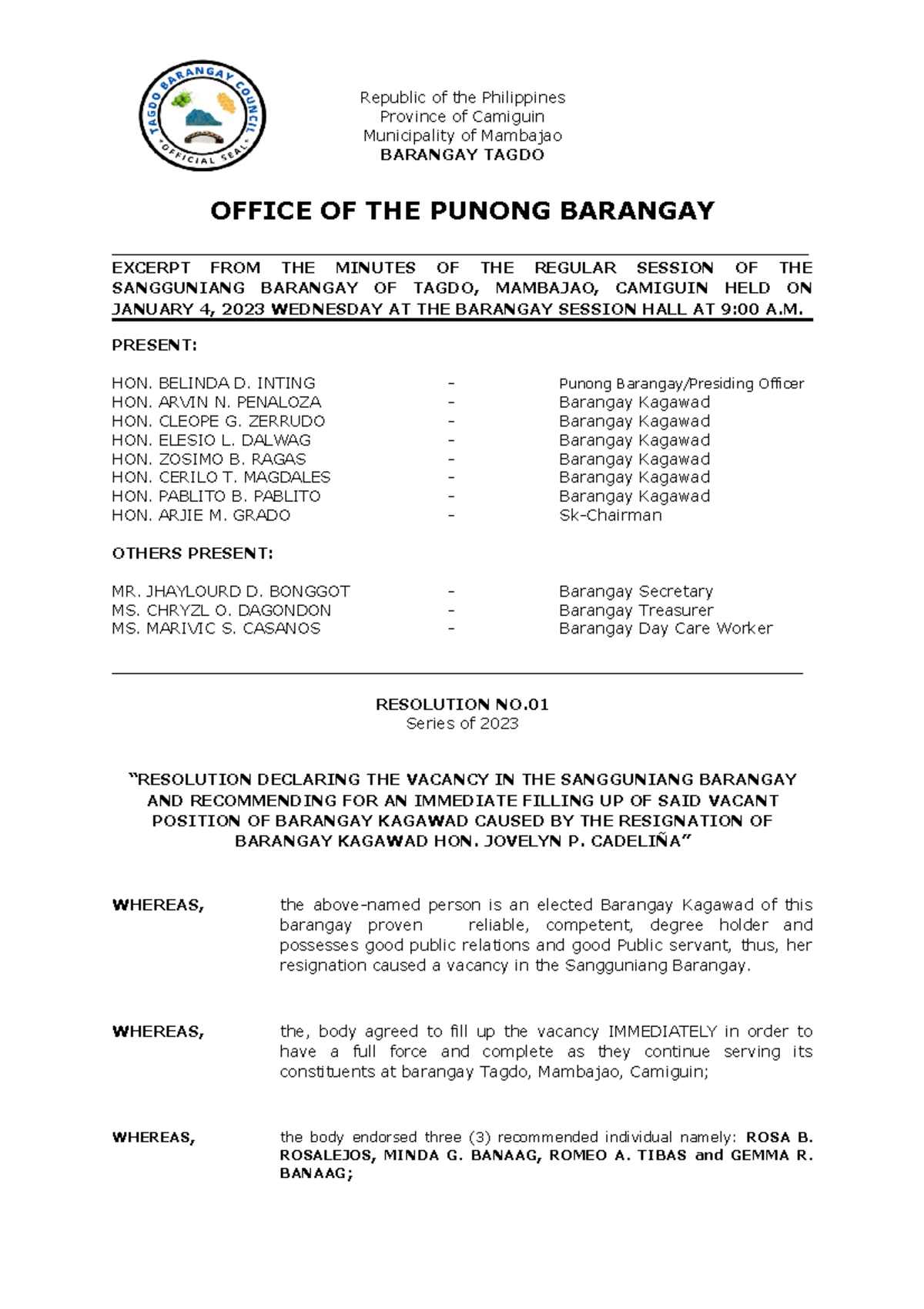 Barangay Resolution for New Kagawad Republic of the Philippines