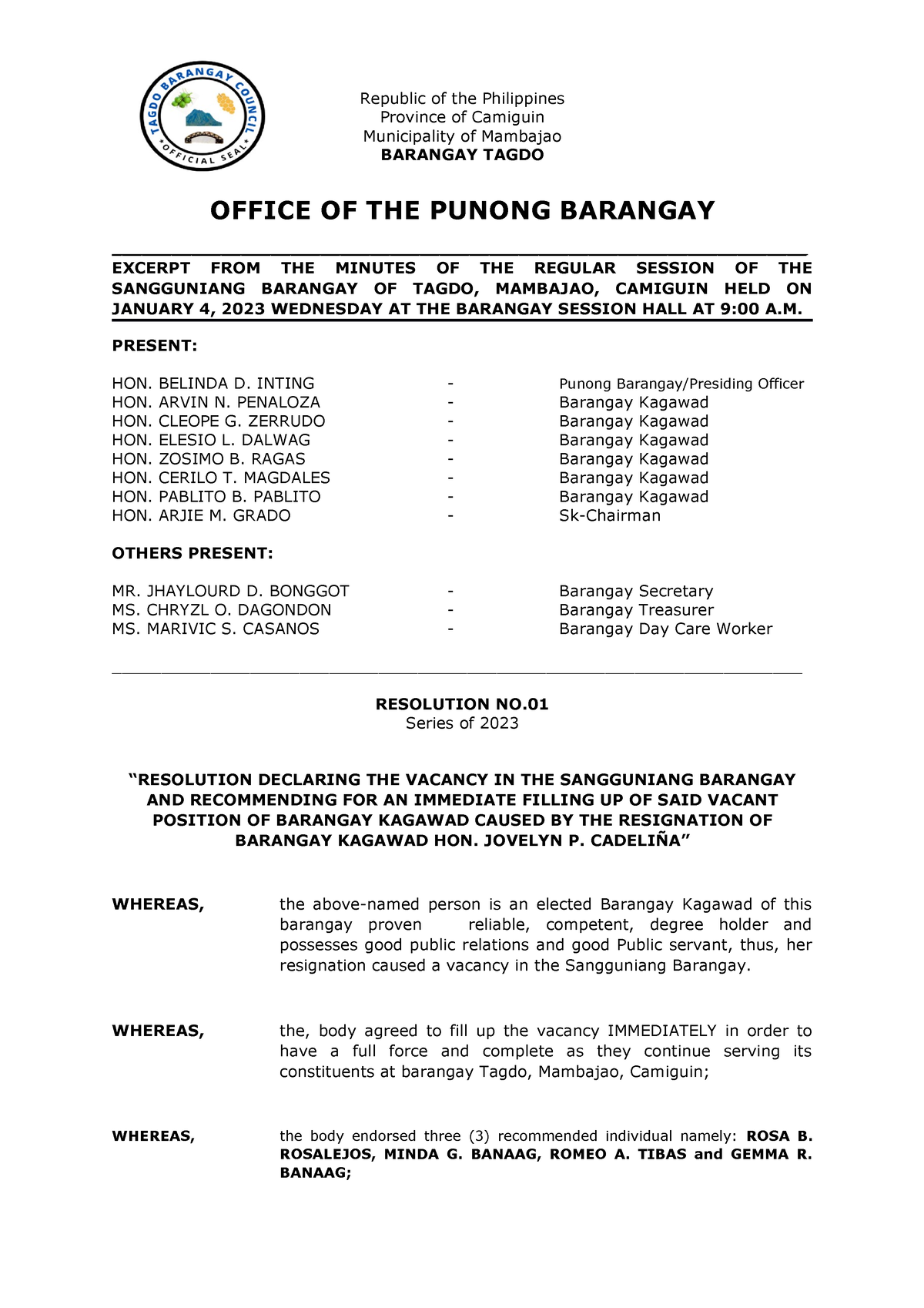 Barangay Resolution For New Kagawad Republic Of The Philippines 