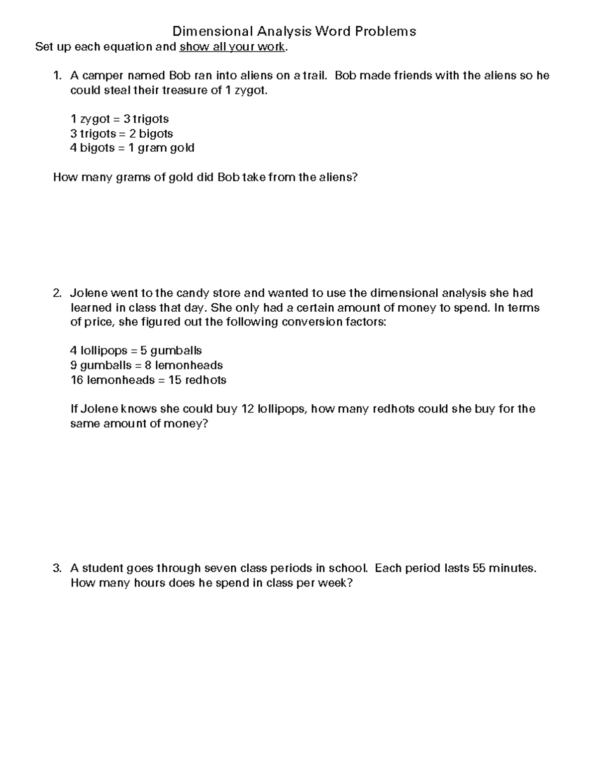 Dimensional Analysis Word Problems - A camper named Bob ran into aliens ...