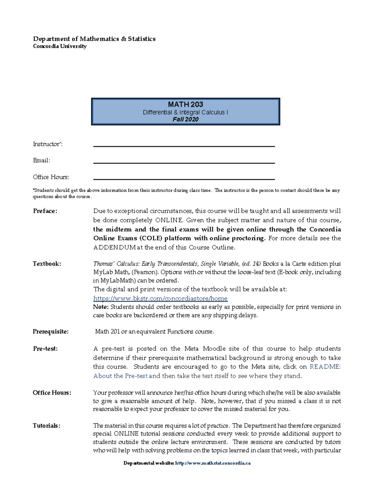 MATH203 Course Outline - Departmental website: mathstat.concordia ...