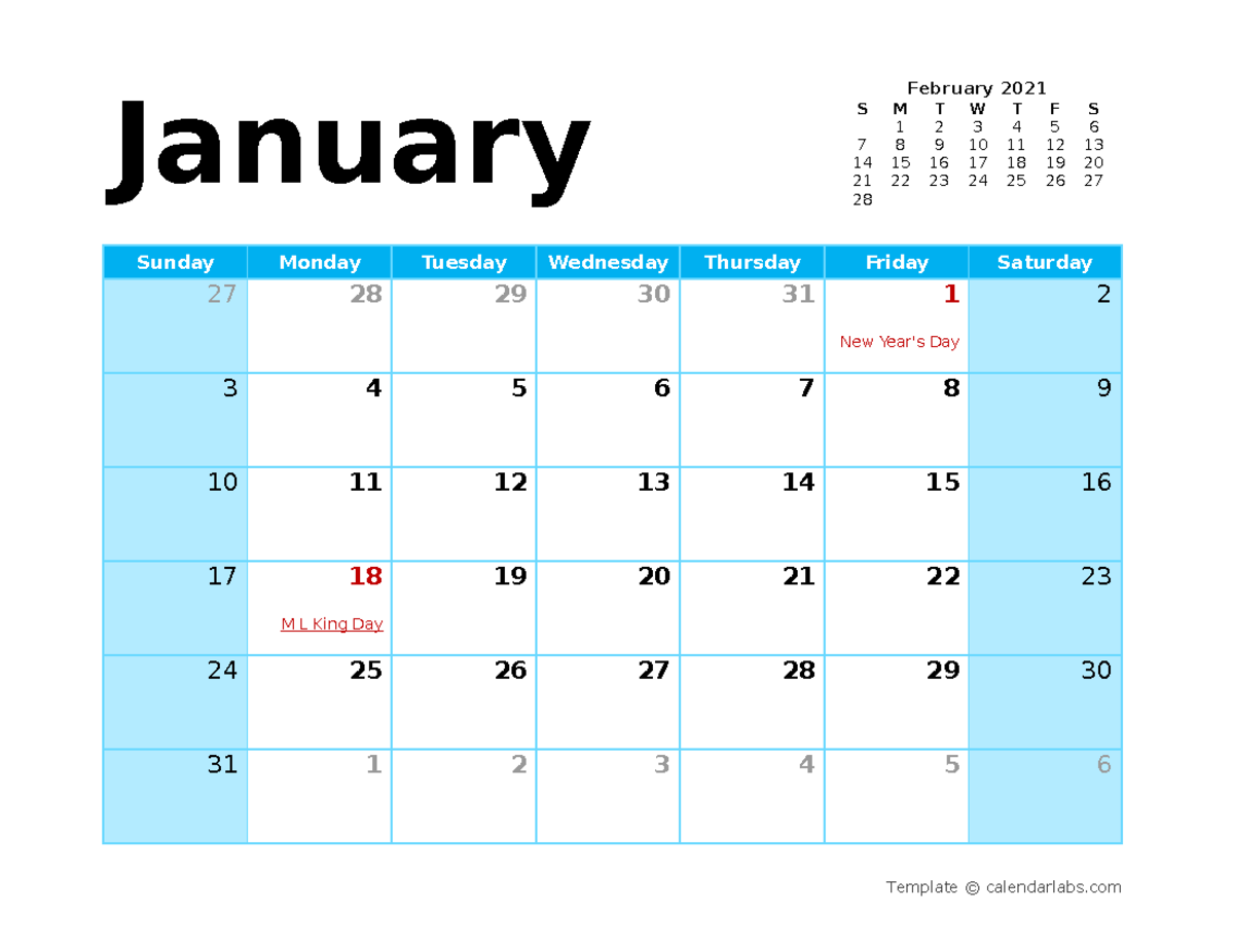 Calendar 2021 - January - S M T W T F S1 2 3 4 5 6February - Sunday 27 ...