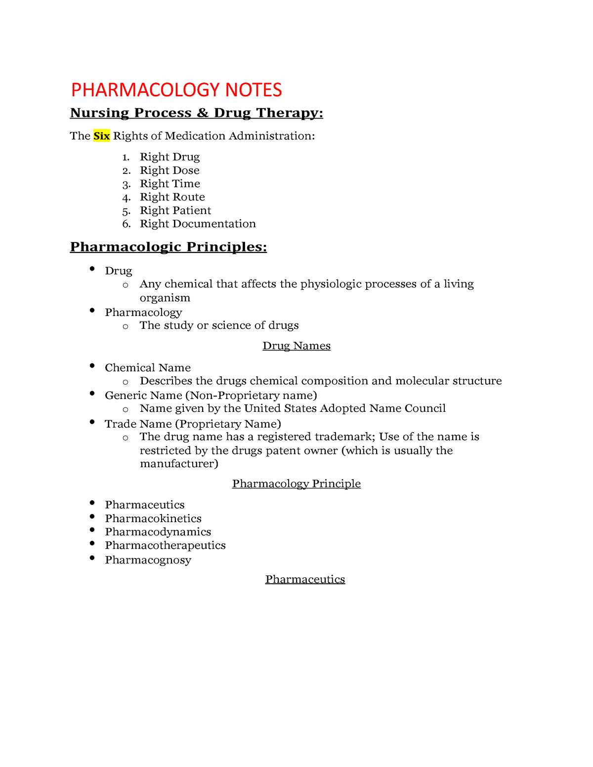 Pharmacology Notes 3 - PHARMACOLOGY NOTES Nursing Process & Drug ...