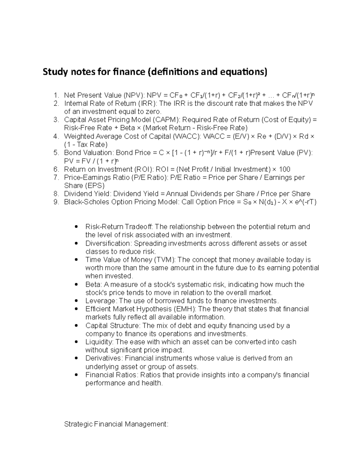 Study notes for finance - .. + CFₙ/(1+r)ⁿ Internal Rate of Return (IRR ...