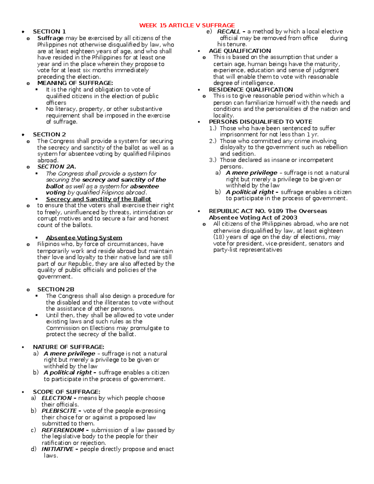 WEEK 15 Citizenship PART 1 - WEEK 15 ARTICLE V SUFFRAGE SECTION 1 o ...